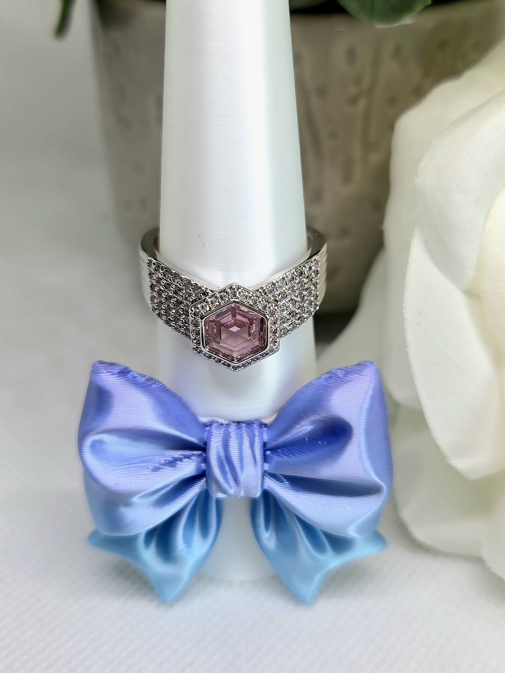 Silver Ring with Hexagon Pink Stone and Pavé Accents